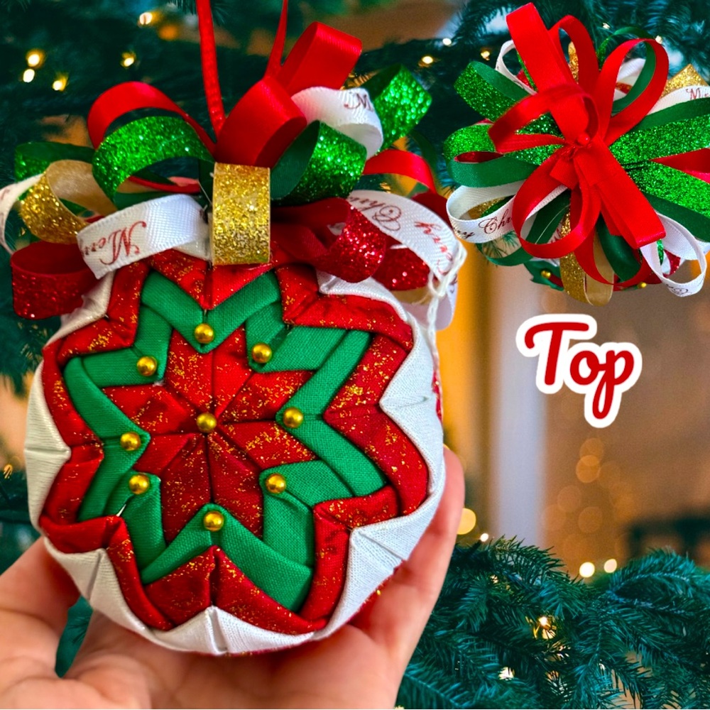 Christmas Tree Ornament, Quilted Bauble, Holiday Handmade Gift, Red,Gold, Green